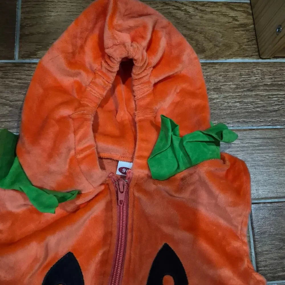 Halloween costume Baby Pumpkin Outfit Bodysuit Zip Up Hooded Sz Baby 12-18 MTHS